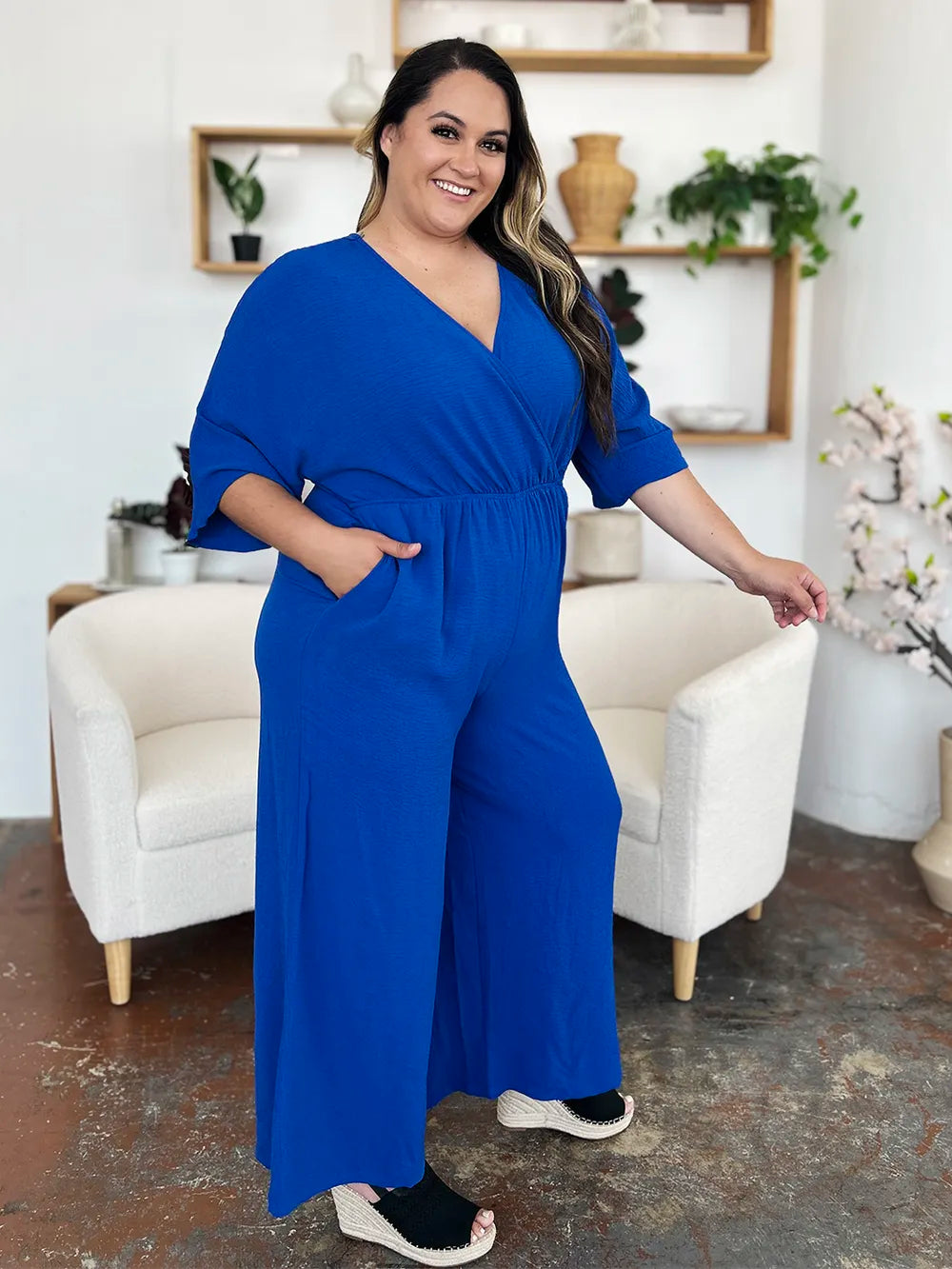Surplice Wide Leg Jumpsuit with Pockets – Full Size