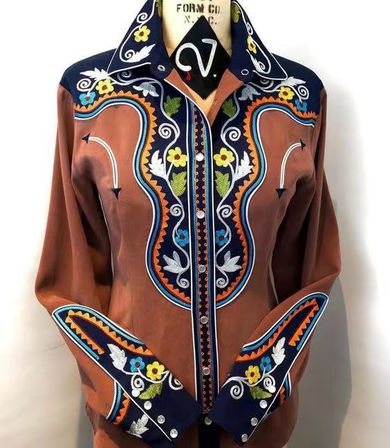 Women Casual Western Geometric Pattern Printed Lapel Long-Sleeve Single Breasted Blouse