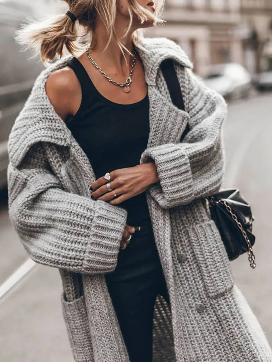 Knitted Oversized Long Cardigan with Buttons and Pockets for Women