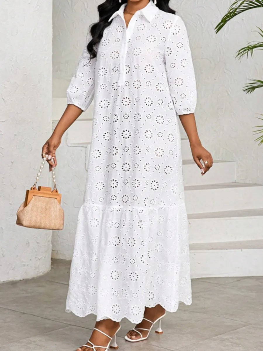 Three-quarter Sleeve Loose Shirt Collar Hollowed-out Lace Long Dress