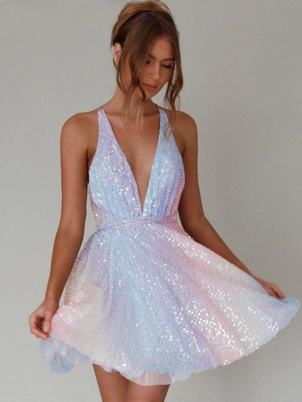 Sequins Bow Tie Deep V-neck Suspenders Backless Mini&Short Dresses