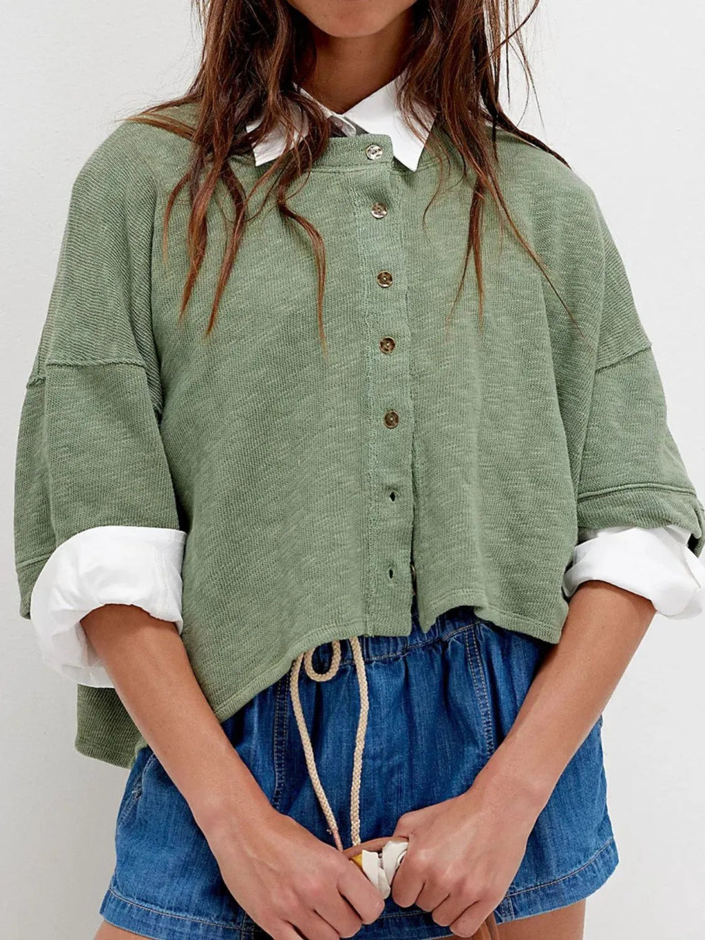 Shirt Basic Oversized Half Sleeve Button Front Boho