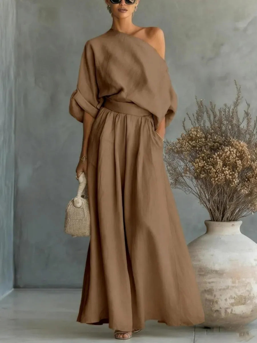Loose-fit Off-shoulder Jacket Wide-leg Pants Set 2-piece Sets