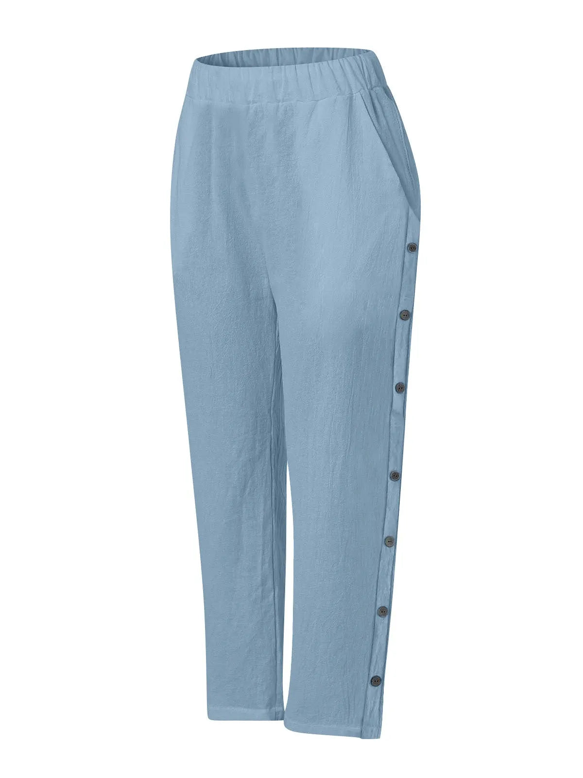 Breathable Cotton And Linen Cropped Trousers With Decorative Side Seams, Side Pockets, And A High Waist.