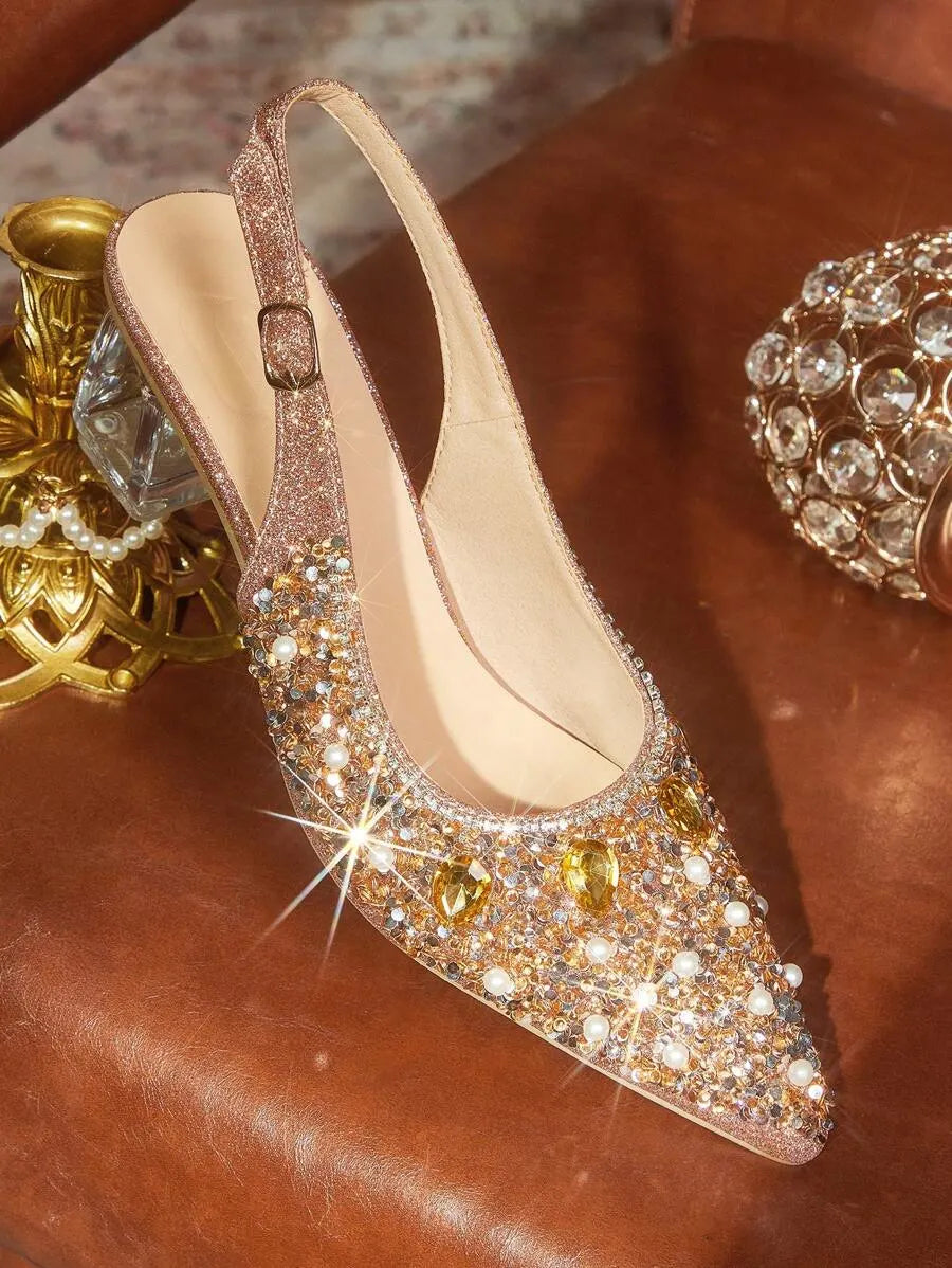 Crystal Heel Pointed Toe Slingback Pumps