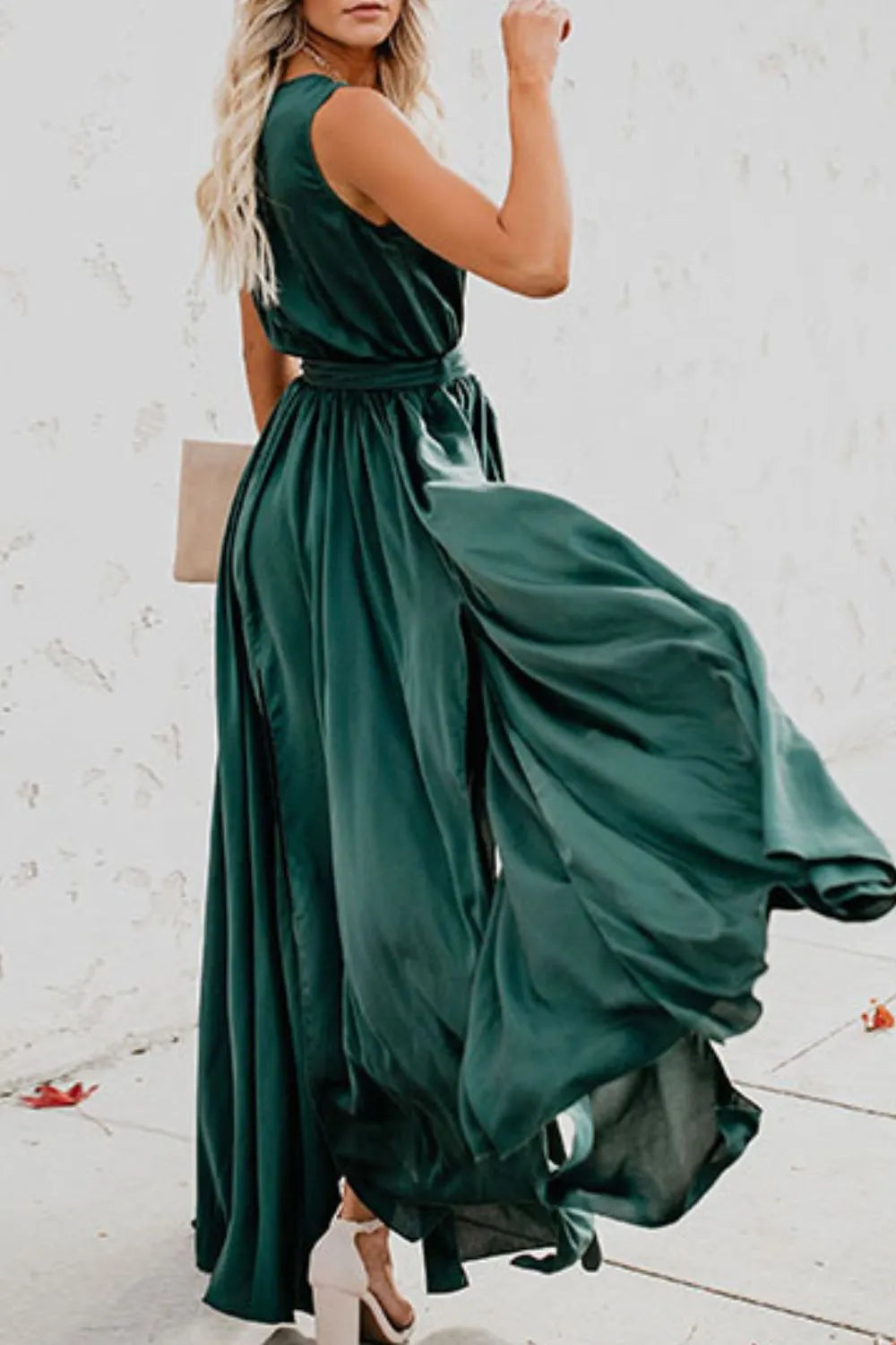 Maxi Dress Surplice Neck Tie Waist Elegant Side Slit Summer