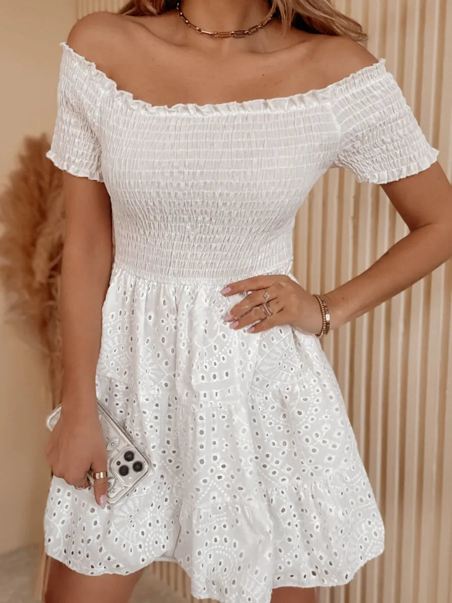Embroidery Cotton Embroidery Off Shoulder Vacation Mini&Short Dresses