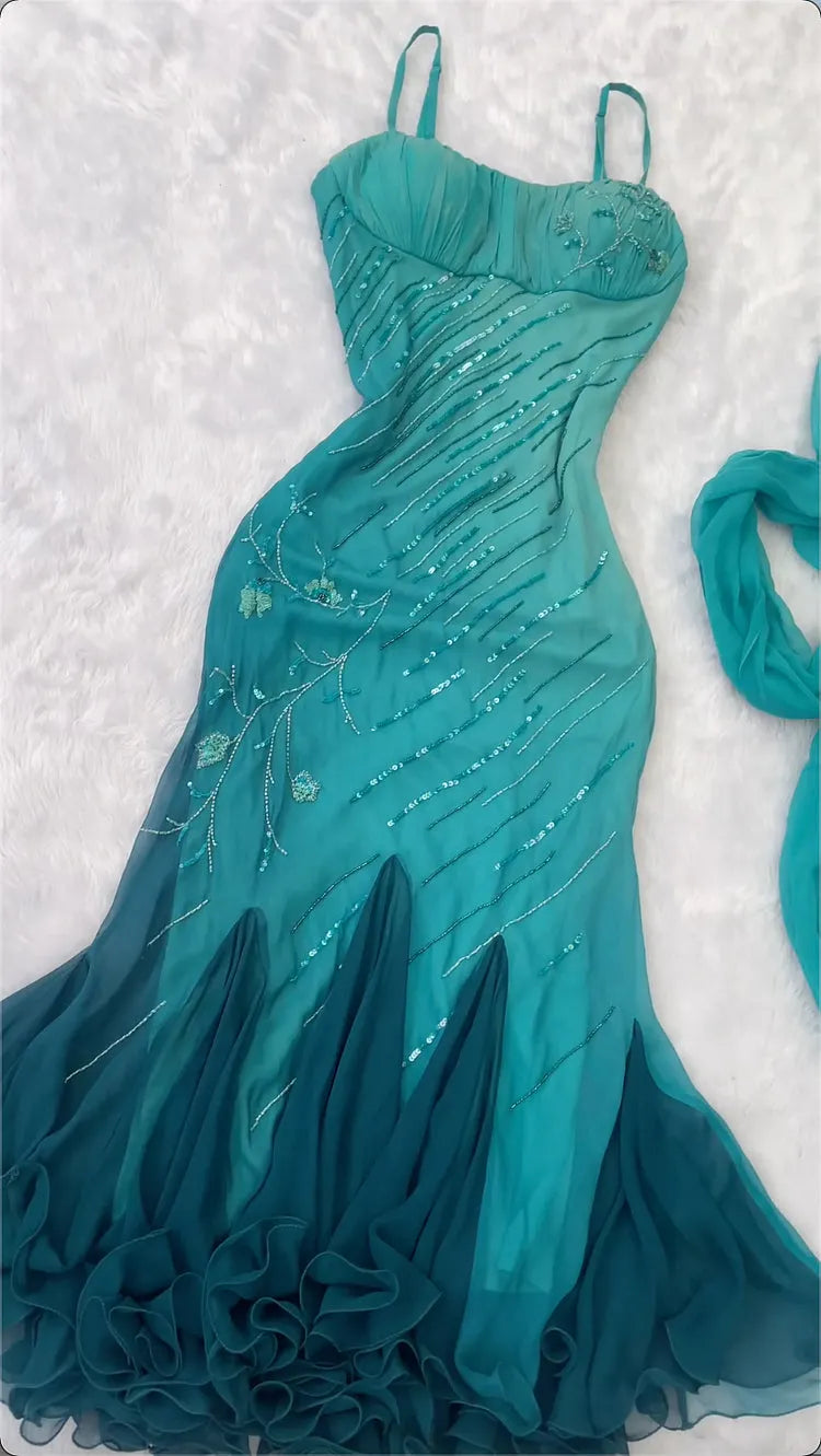 Teal Gradient Sling Gown, Sequin Embroidered Mermaid Dress with Matching Silk Scarf Evening Gown