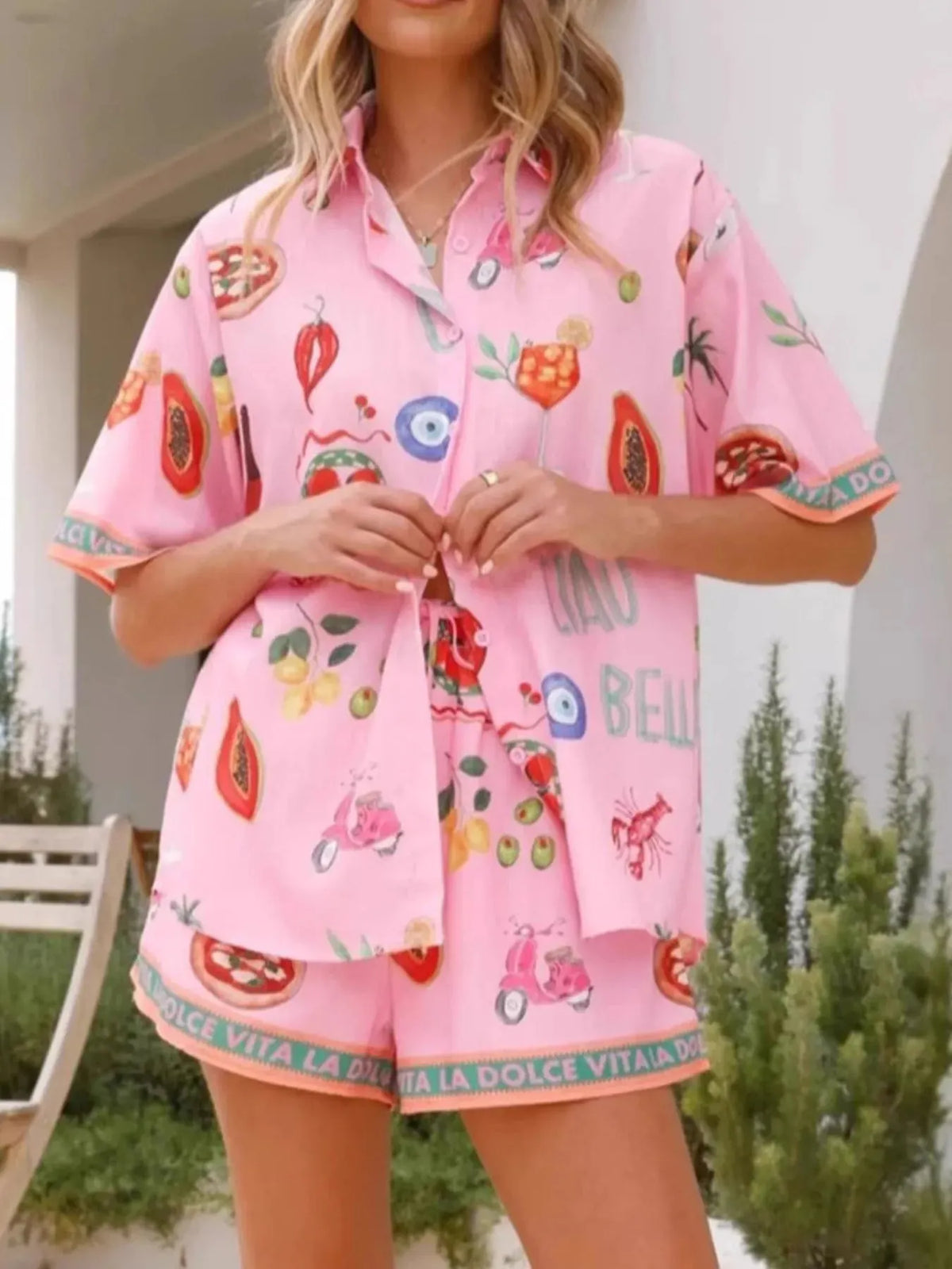 Two-Piece Outfit Set Summer Casual Button Up Shirt & Shorts