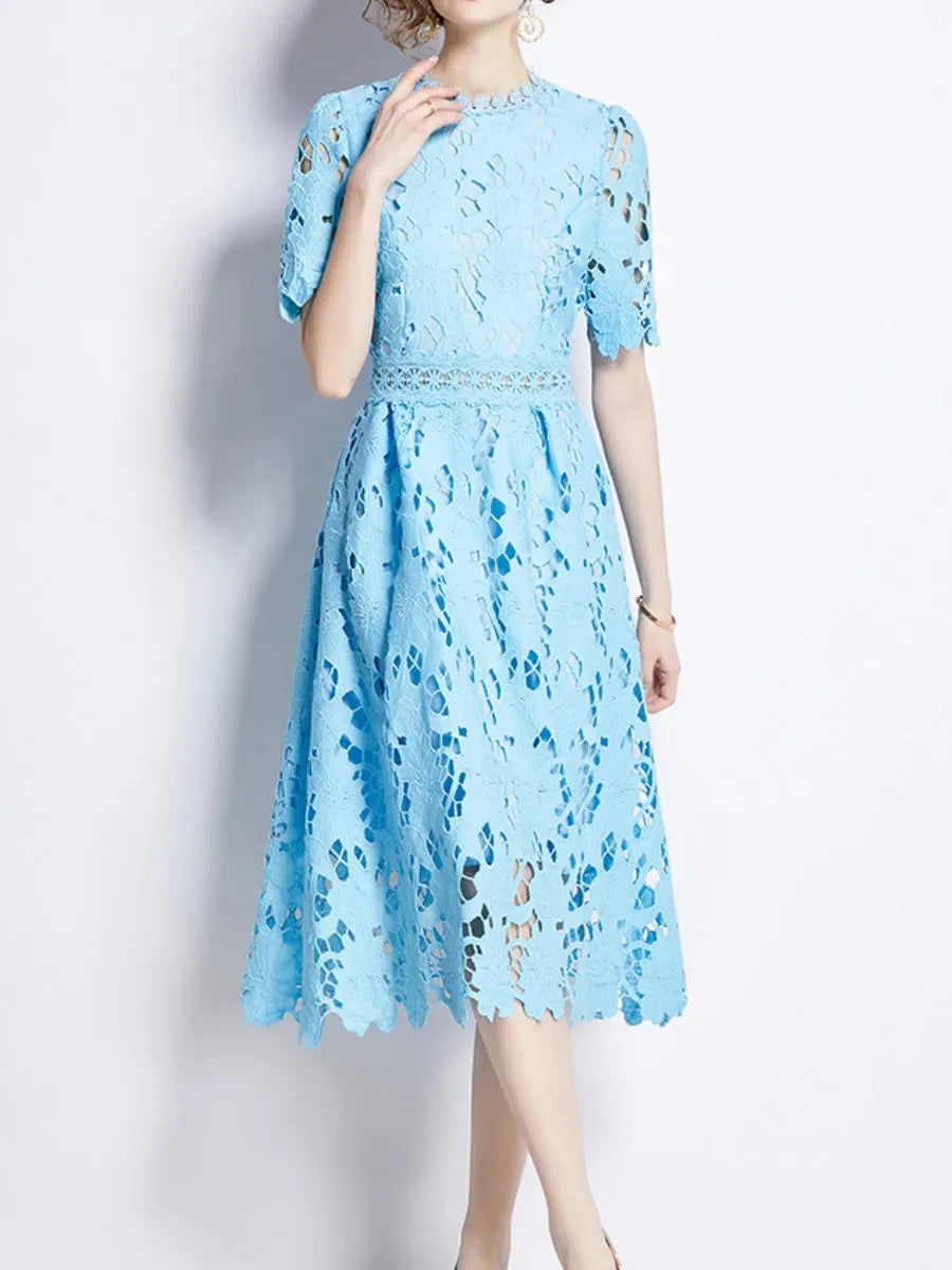 Water-soluble Lace Short-sleeved Slim-fit Midi Dress