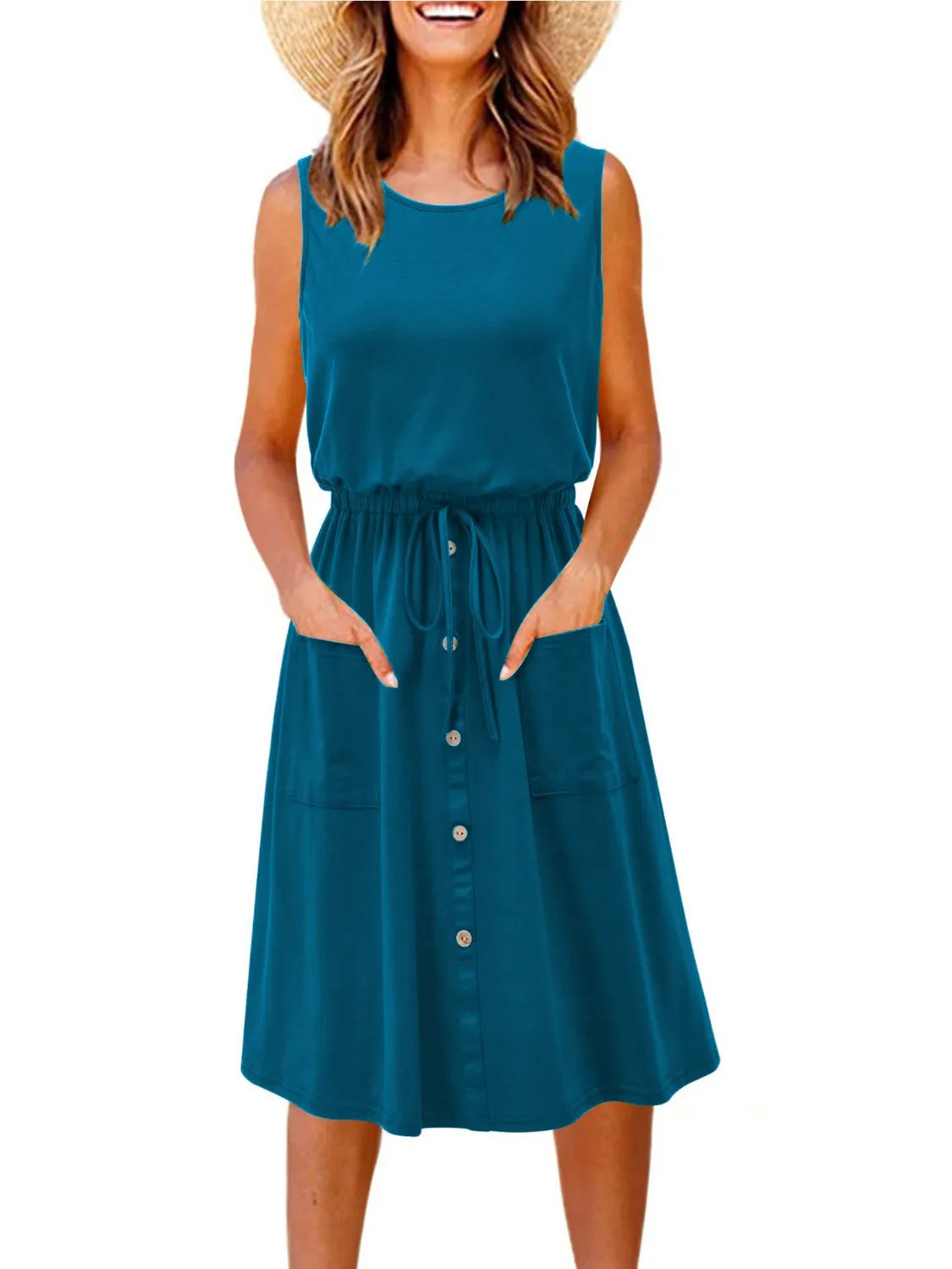 Tank Dress Midi Casual Drawstring Slightly Stretchy
