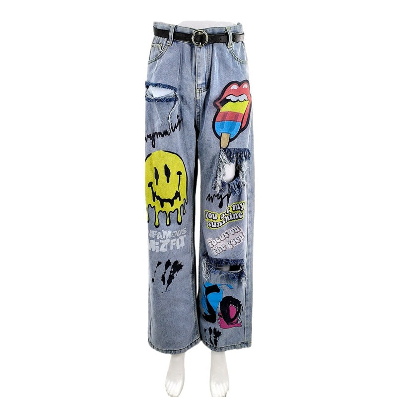 Women Casual Smiley Cartoon Print Ripped Jeans