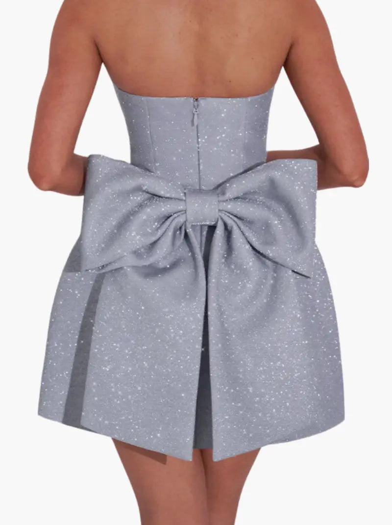 Silver Glitter Cocktail Dress Strapless Mini with Large Bow for Women