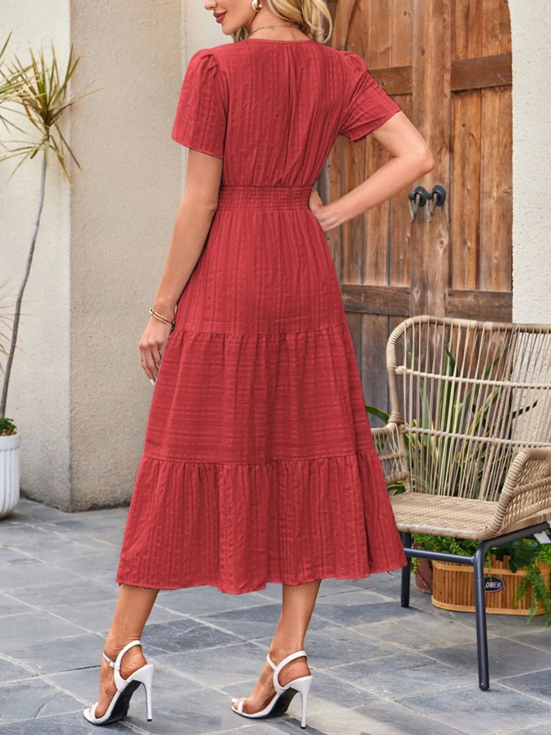Midi Dress Chic Unlined Comfort Tiered Pocketed Casual