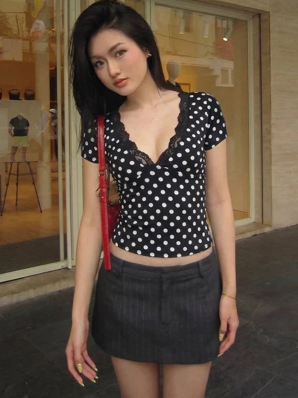 Kirra Polka Dot Lace Trim Top