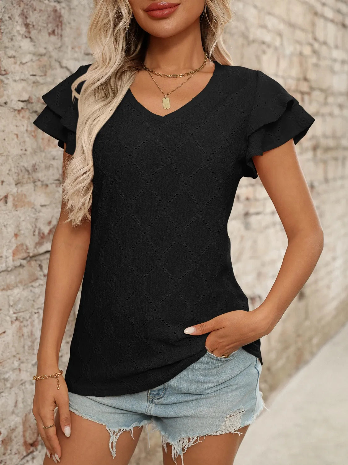 Blouse Top Boho Eyelet Ruffled Cap Sleeve Soft Knitwear