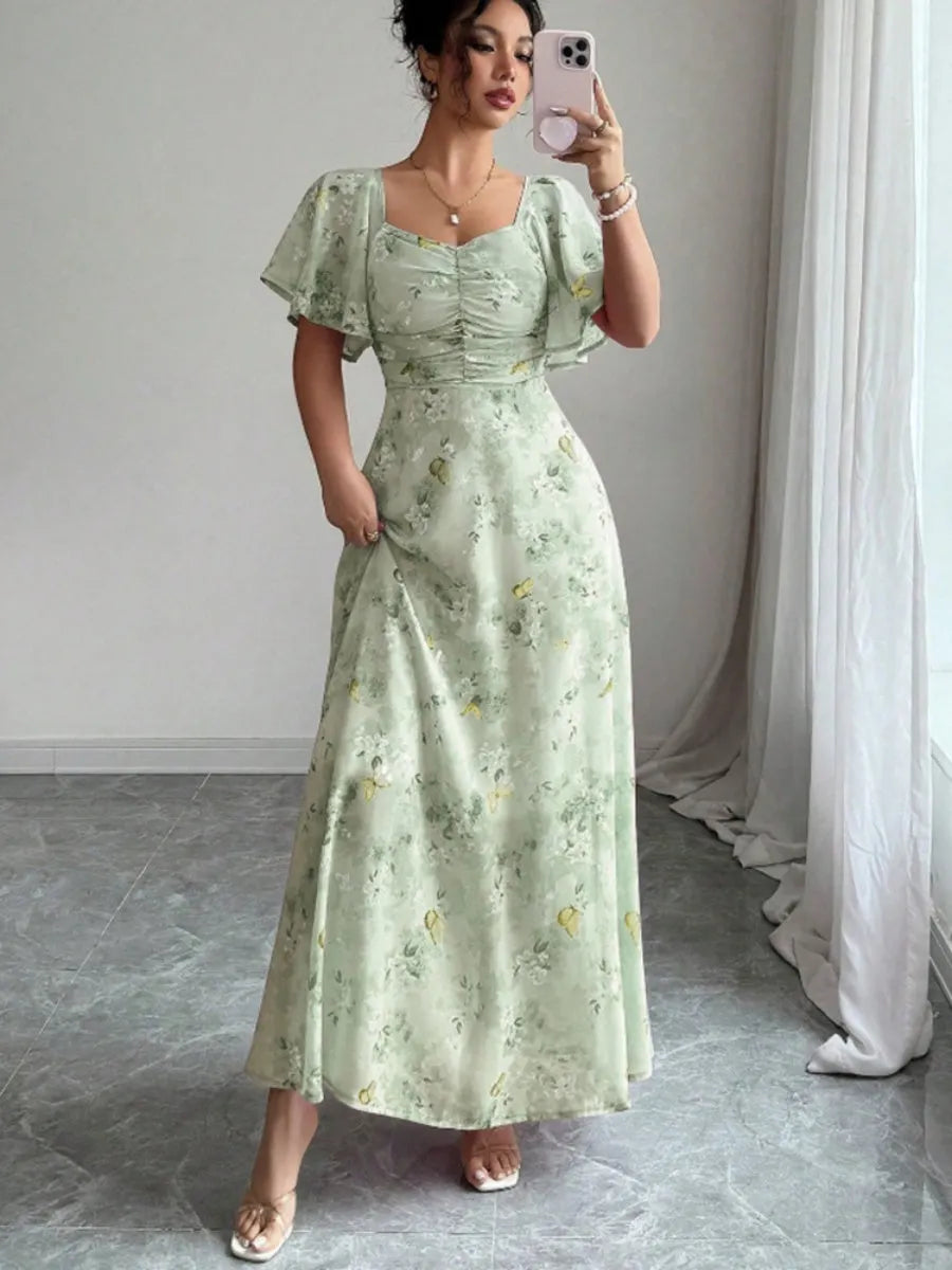Floral Lotus Leaf Sleeves Sweetheart Collar Vacation And Leisure Maxi Dresses