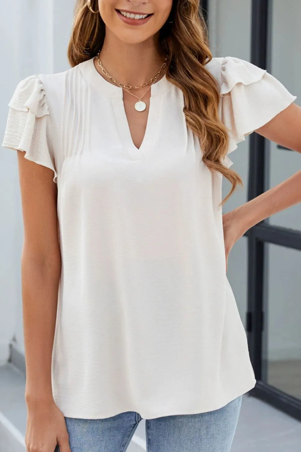 Ruffled Blouse Opaque Notched Versatile Trendy Casual