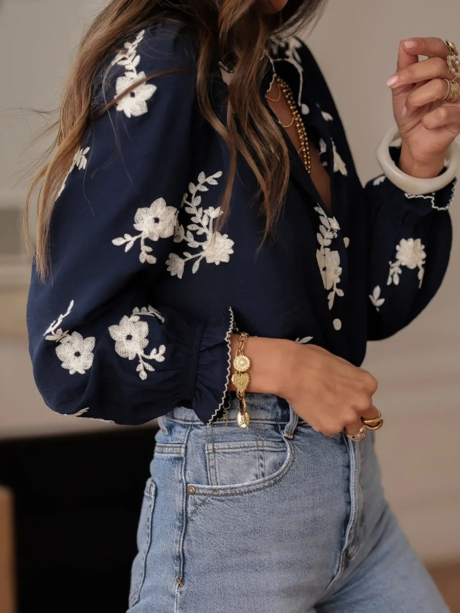Floral Embroidery Color Block V-Neck Long-Sleeve Shirt