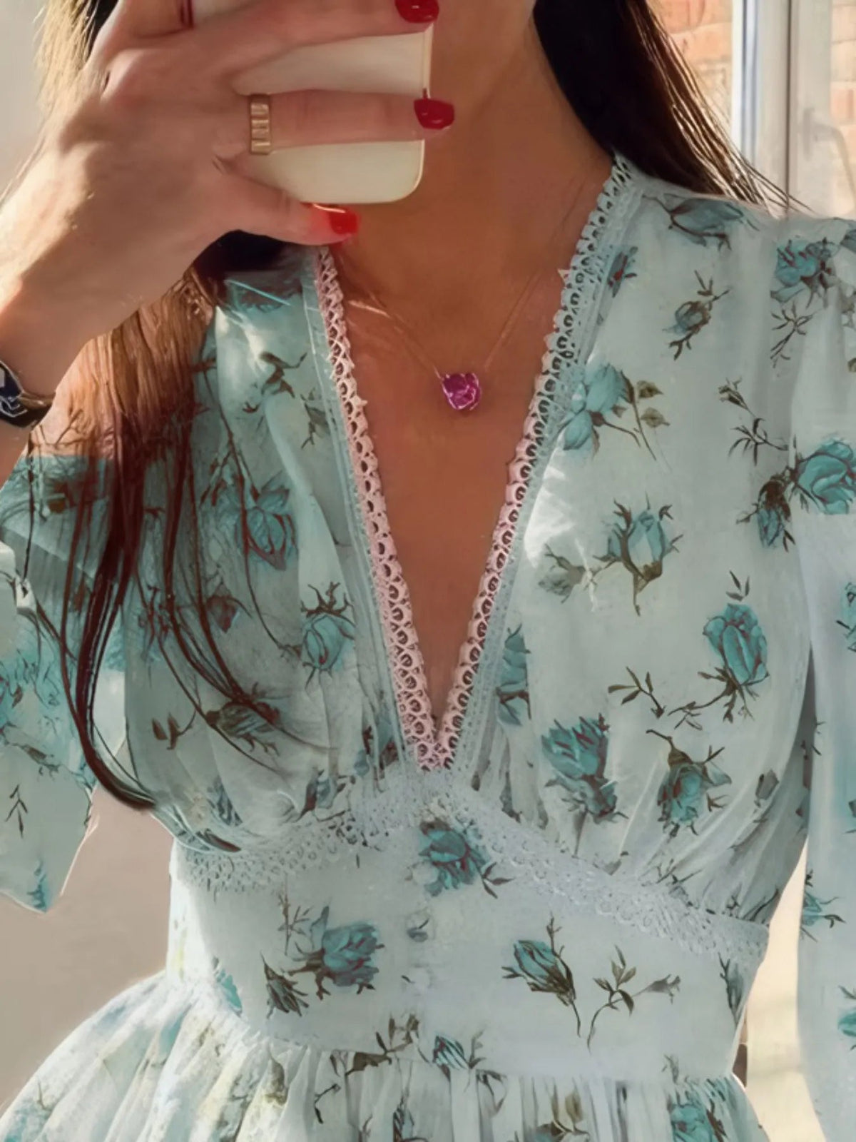 Mini Dress Floral Print Lace Detail Balloon Sleeve Chic