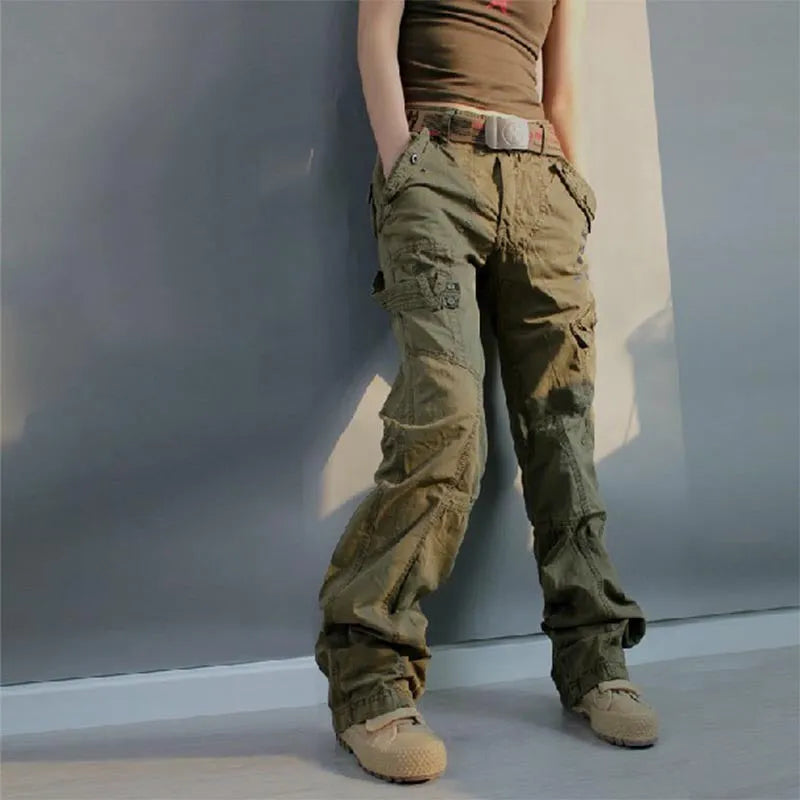 Street Fashion Women Multi-Pocket Plus Size Black Casual Loose Straight Cargo Pants
