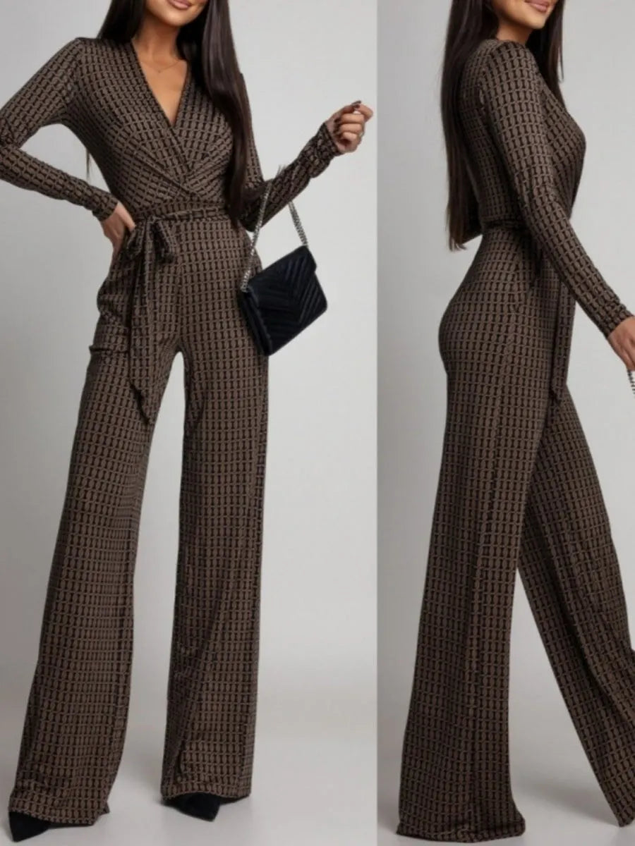 Zebra Print V-neck Long Sleeve Wide-leg Pants Jumpsuits