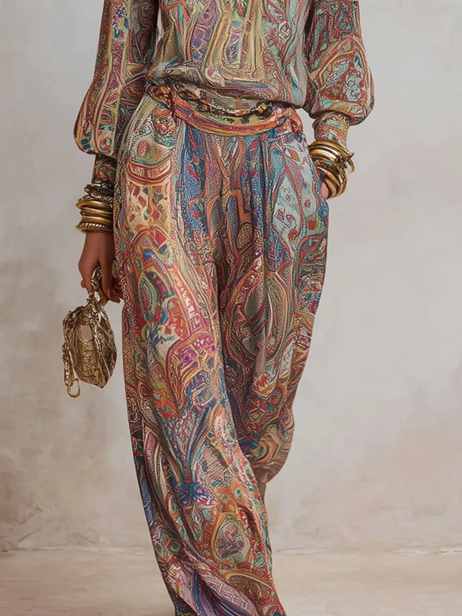 Hippie Style Exotic Style Printed Shirt Printed Wide-leg Pants Set 2-piece Sets