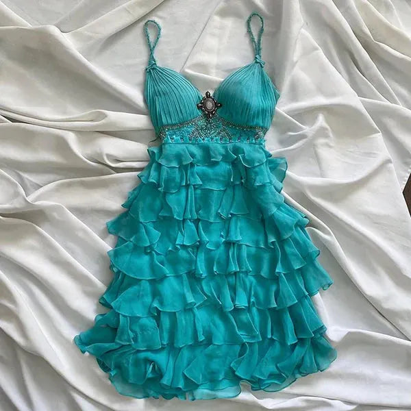 Blue ruffled fairy chiffon homecoming dress party dress birthday dress prom dress