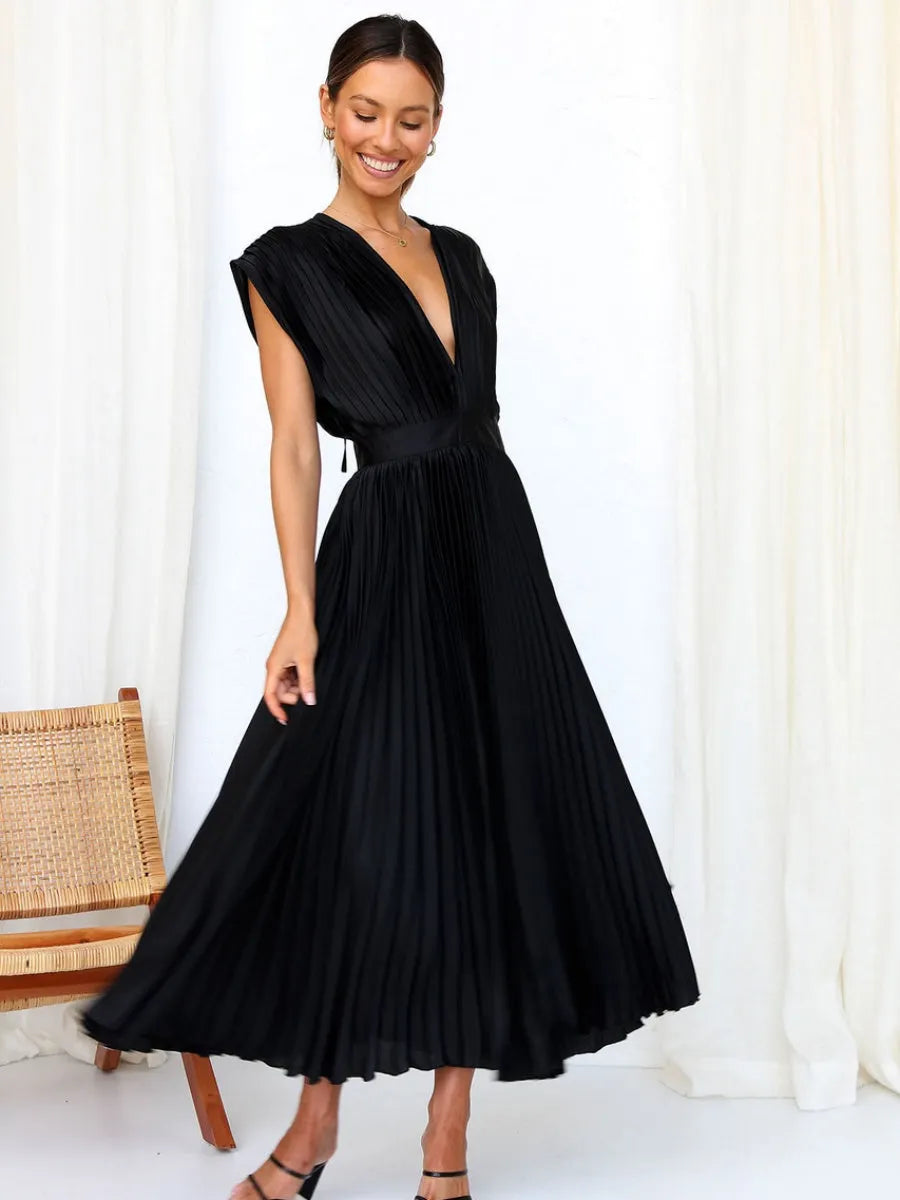 Solid Color V-neck Sleeveless Midi Dresses