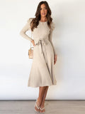 Stylish Knitted Midi Dress For Women With Tie Belt And Cable Pattern