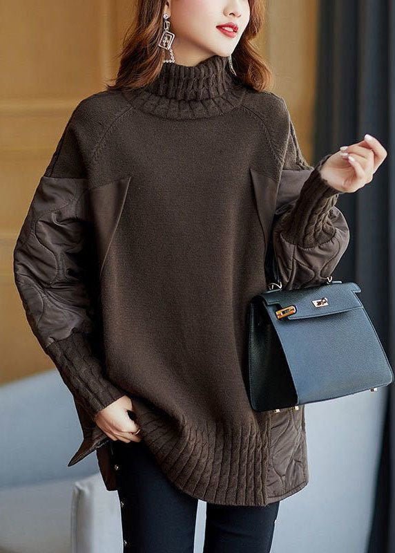 Women's Long Turtleneck Sweater with Quilted Panels and Cable-Knit Cuffs