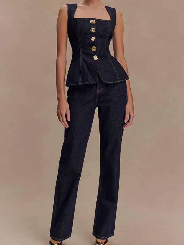 Sleeveless High-waisted Buttons Denim Vest And Trousers 2-piece Sets
