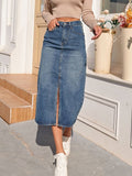 Women's High-Waisted Midi Denim Skirt with Slit