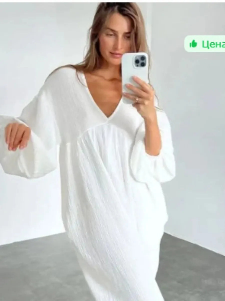 Cotton Blend Temperament V-neck Long Sleeve Loose-fit Home Vacation Mini&Short Dresses