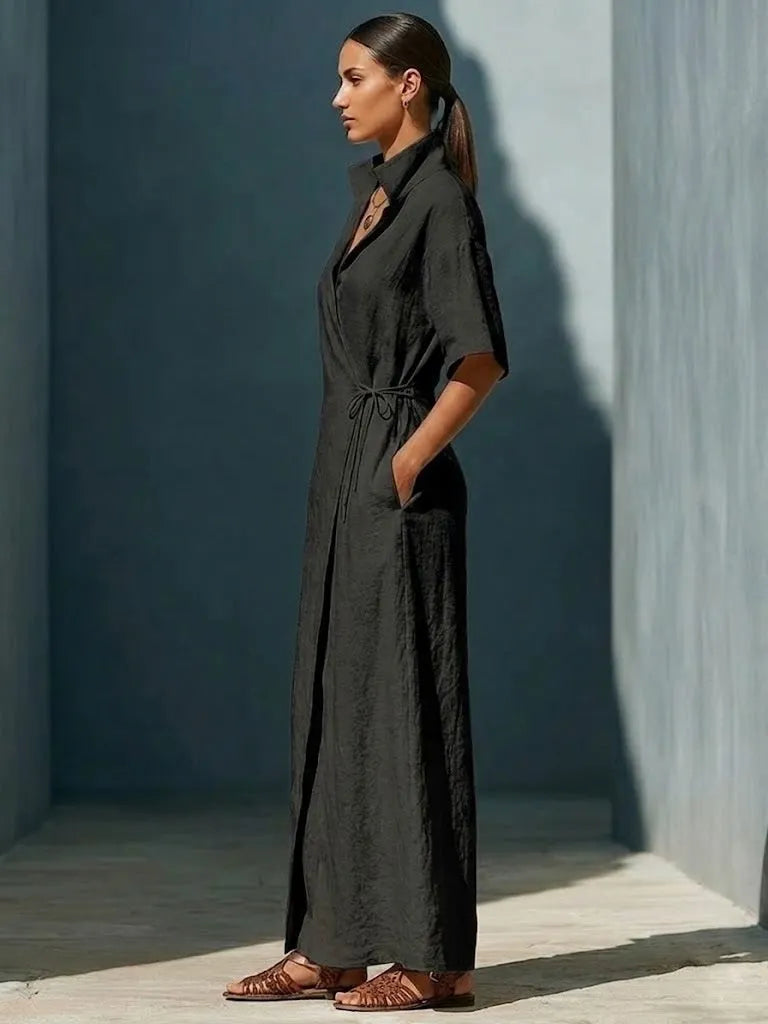 Casual V-neck Short-sleeved Tie-waist Solid Color Maxi Dresses
