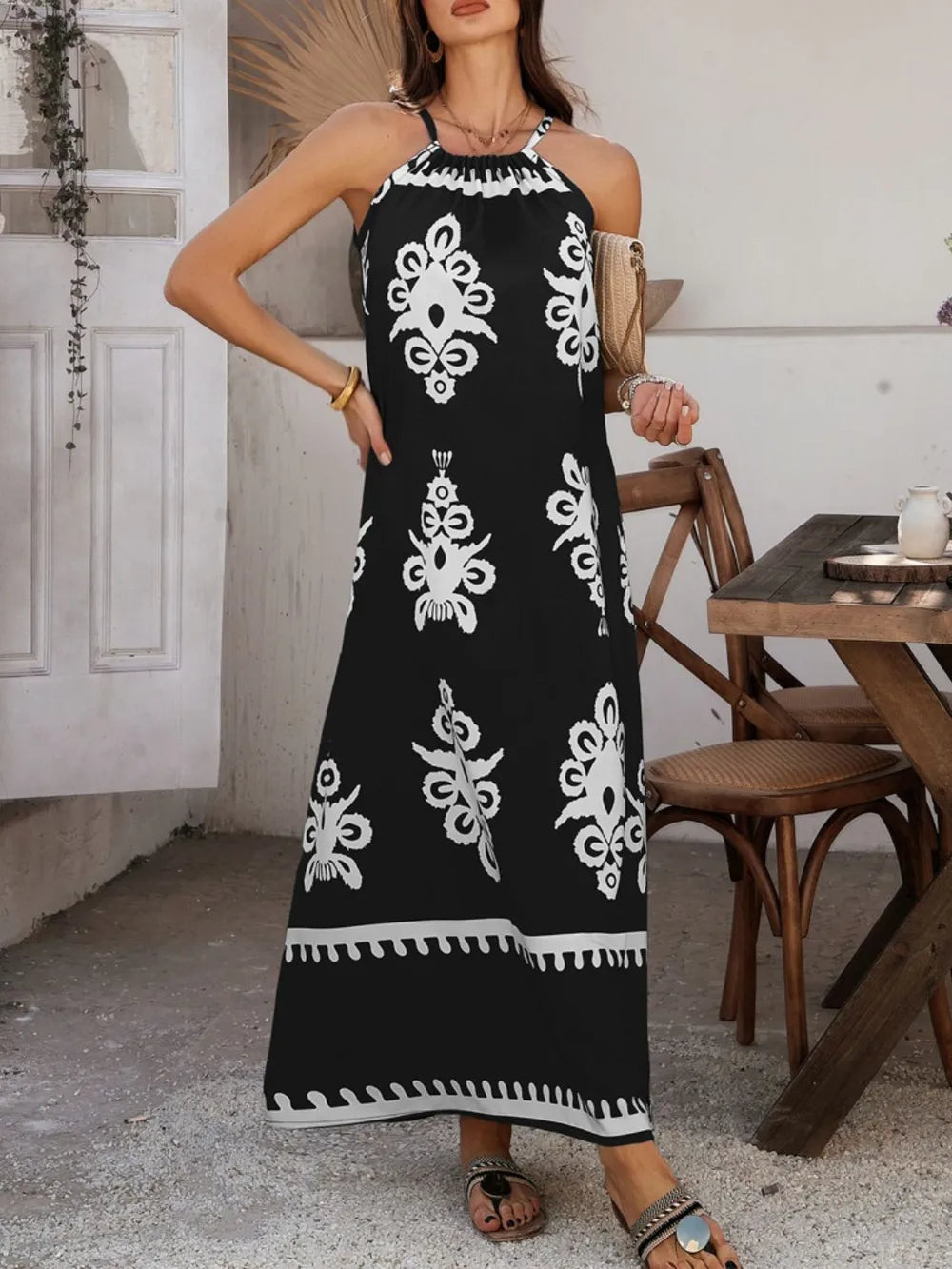 Maxi Dress Halter Neck Printed Sleeveless Resort Wear Gown