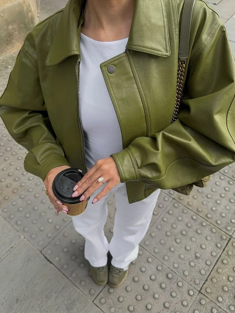 Trendy Oversized Green Leather Jacket for Women with Relaxed Fit