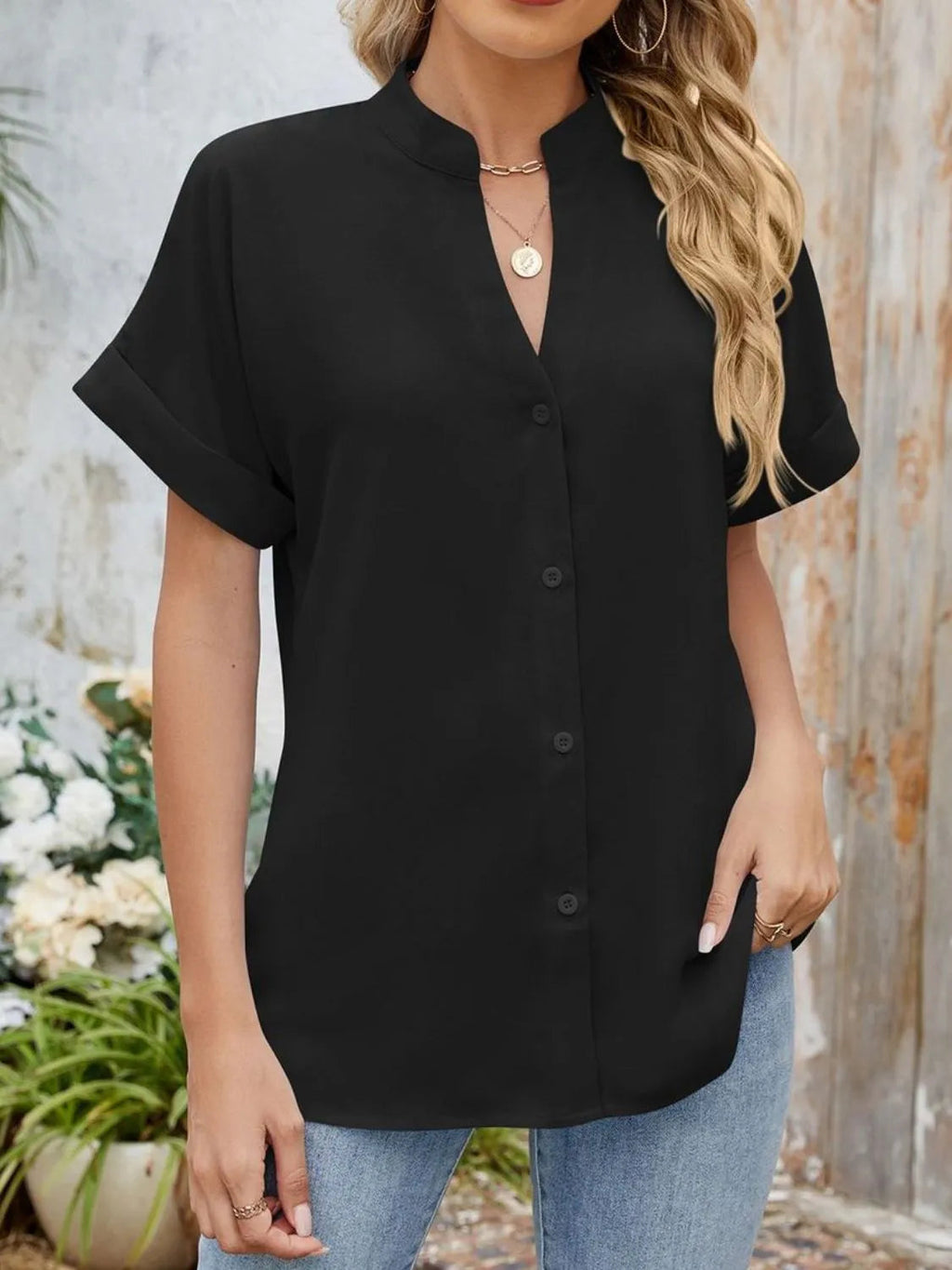 Blouse Top Button-Front Casual Workwear Everyday Cozy