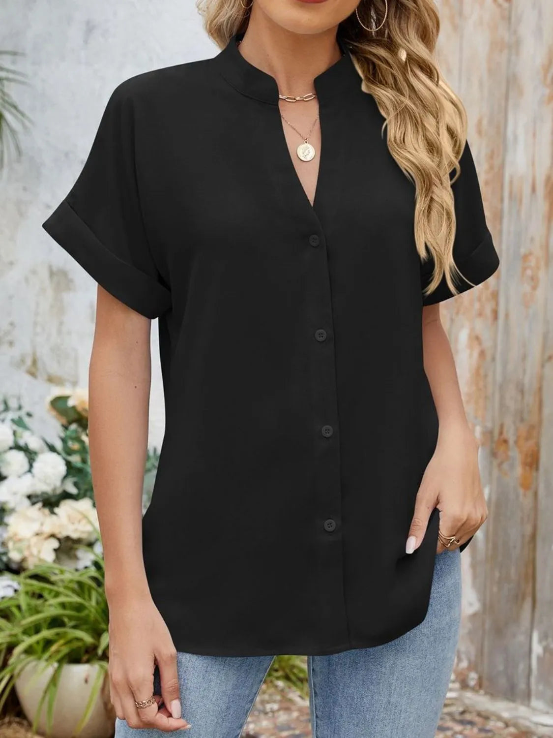 Blouse Top Button-Front Casual Workwear Everyday Cozy