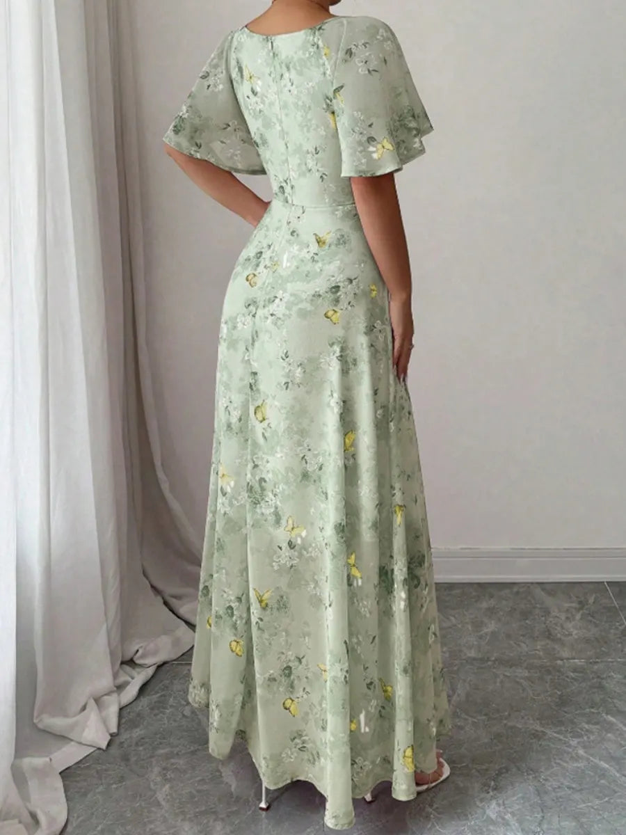 Floral Lotus Leaf Sleeves Sweetheart Collar Vacation And Leisure Maxi Dresses