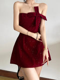 Sequins Backless Strapless Top Bow Zipper Mini&Short Dresses