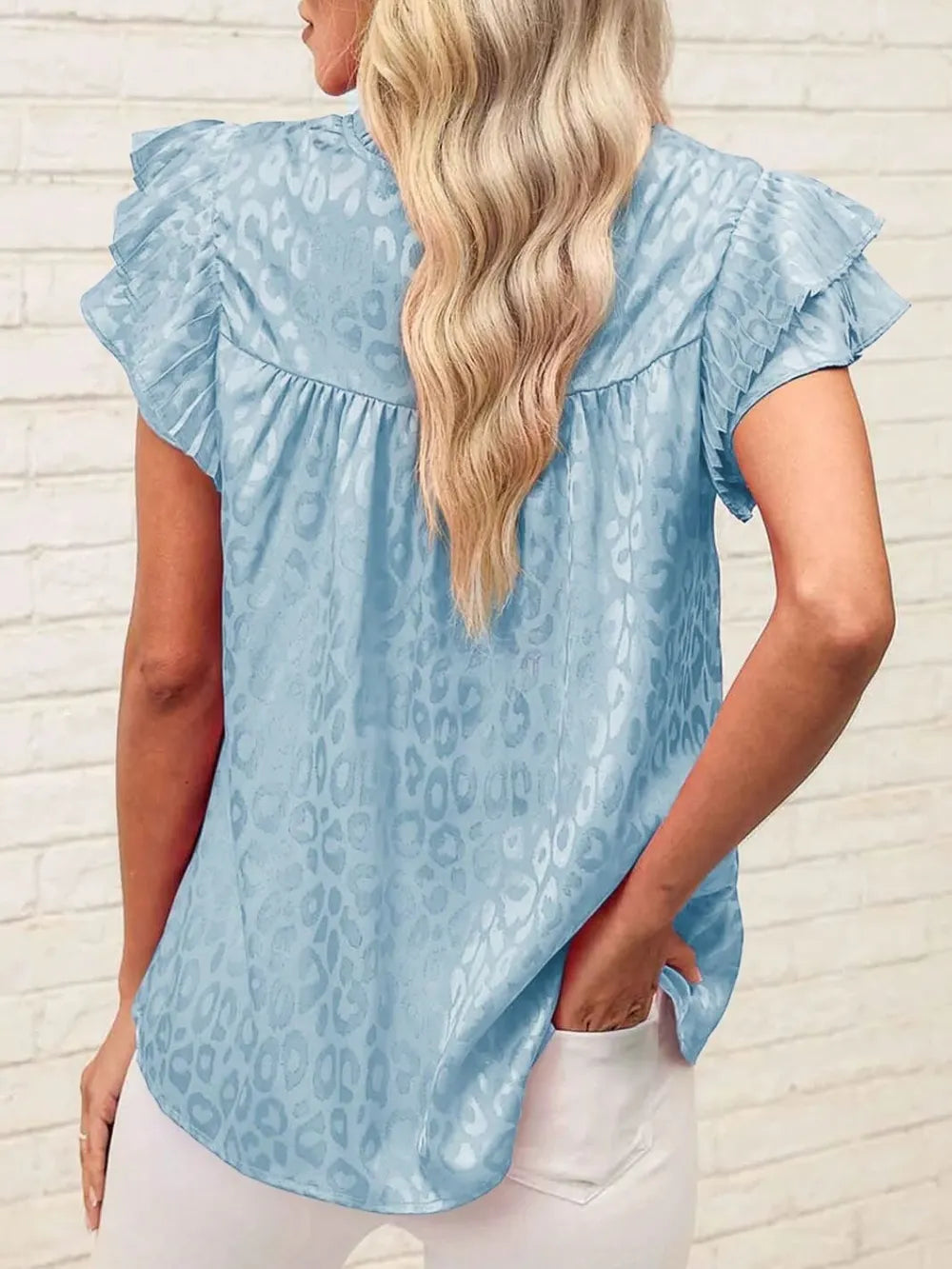 Blouse Top Leopard Print Ruffled Cap Sleeve Versatile