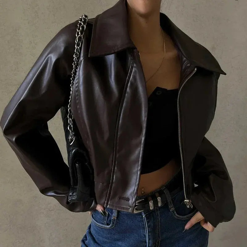 Women's Bold Short Faux Leather Biker Jacket with Asymmetrical Zipper