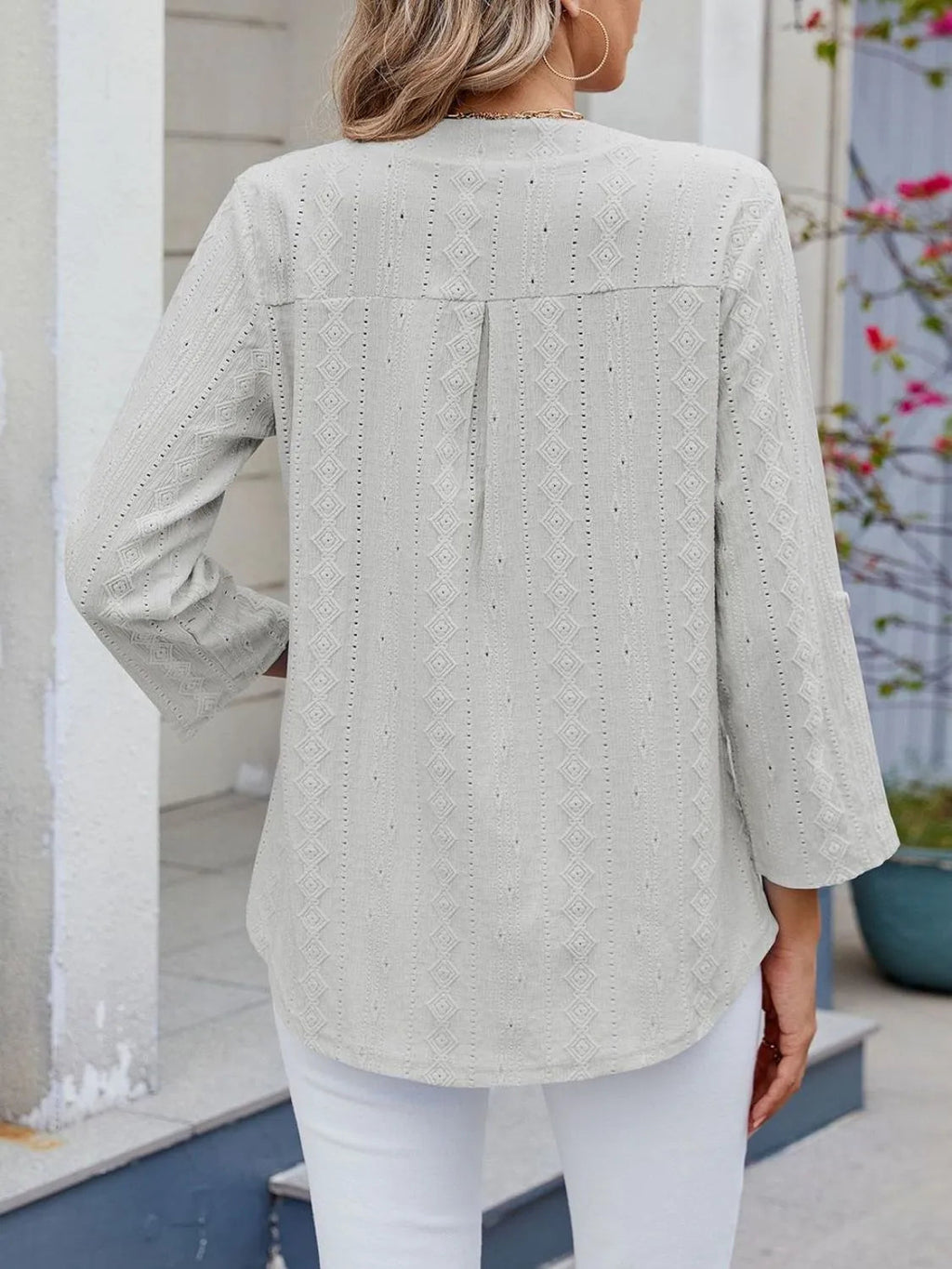 Blouse Top Eyelet Roll-Tab Sleeve Chic Split Neck Boho