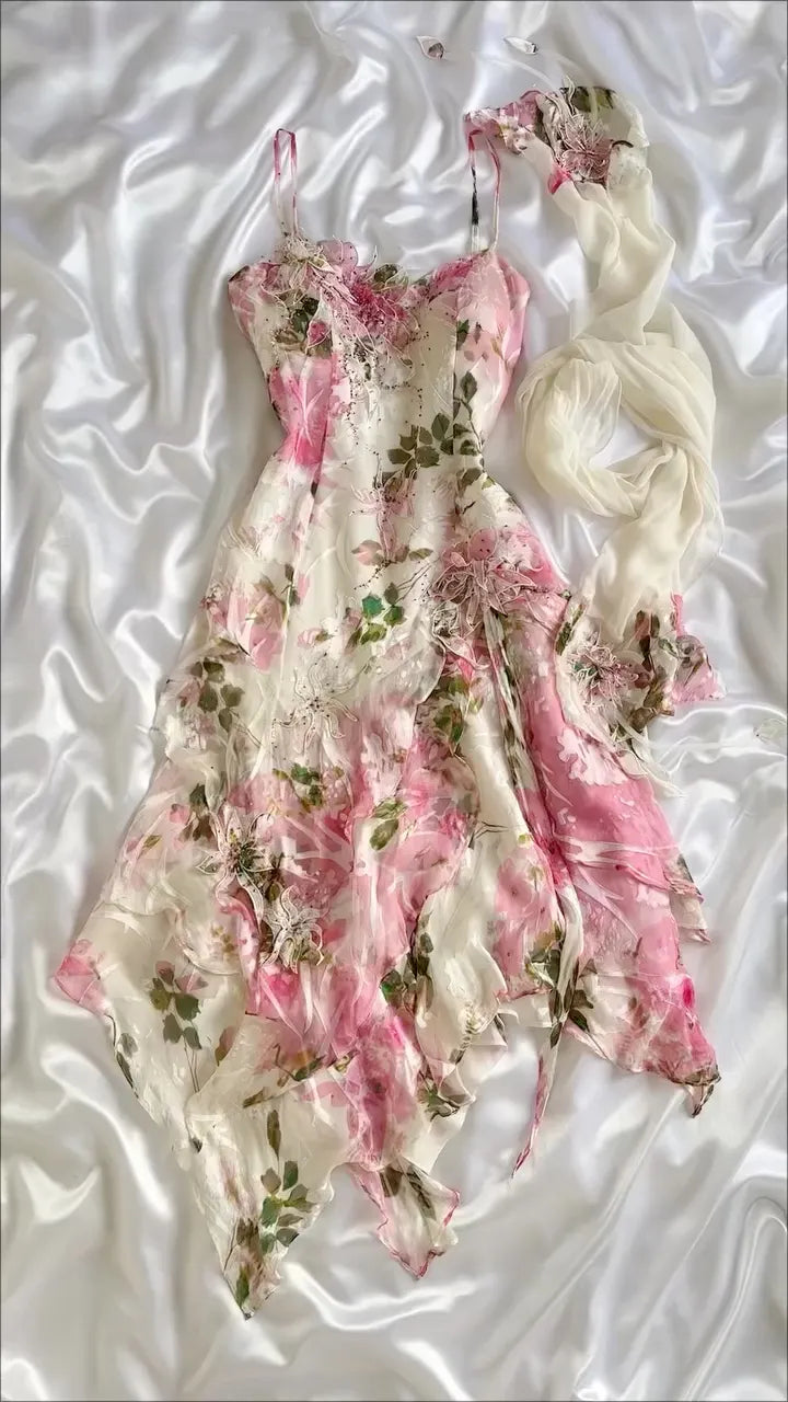 Printed 3D Floral Spaghetti Strap Midi Dress