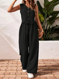 Pleated Solid Color Sleeveless Button Vest Wide-leg Pants 2-piece Sets