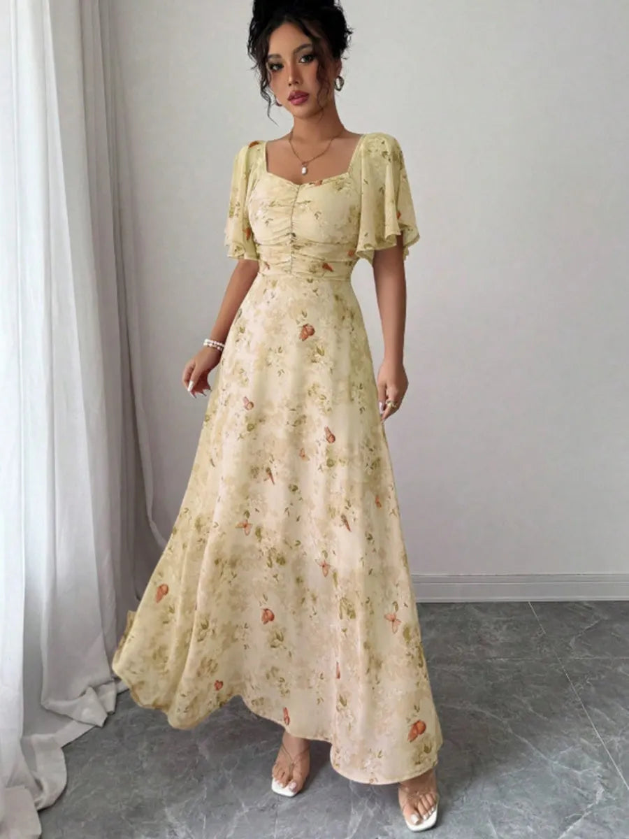 Floral Lotus Leaf Sleeves Sweetheart Collar Vacation And Leisure Maxi Dresses