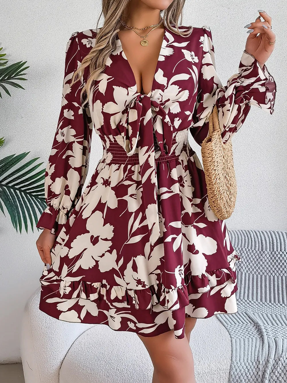 Sheath Mini Dress Floral Print Boho Ruffled Cottagecore