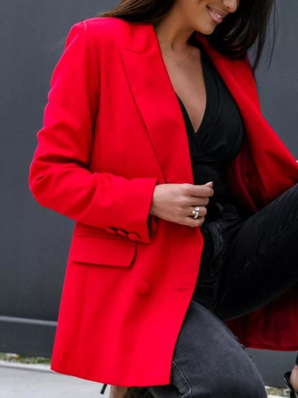 Blazer Double-Breasted Peak Lapel Office Wear Casual