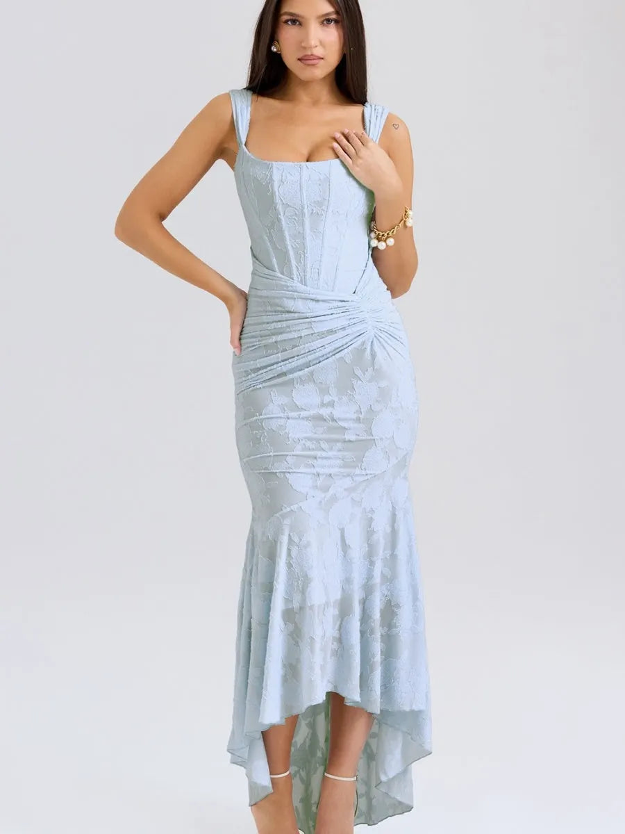 Floral Jacquard Fabric Boning Fishtail Maxi Dress